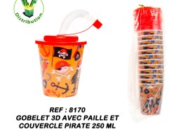 8170 - Gobelet 3D avec paille et couvercle 250 ml pirate
