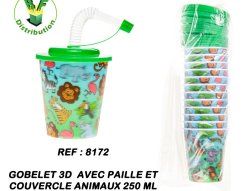 8172 - Gobelet 3D avec paille et couvercle animaux 250 ml