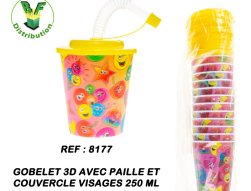 8177 - Gobelet 3D avec paille et couvercle visages 250 ml